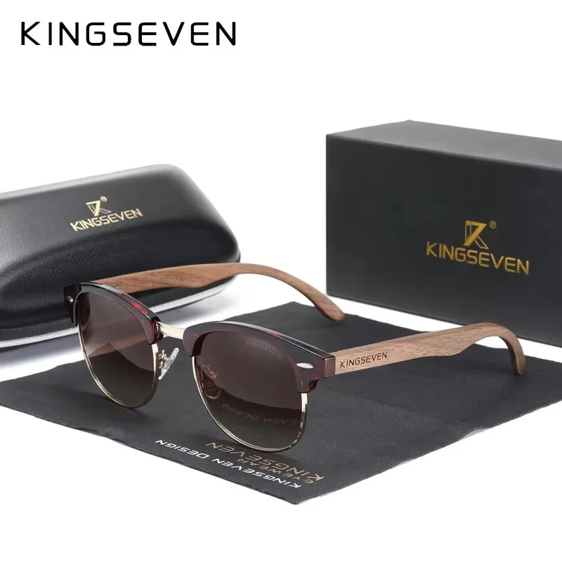 Lunettes de Soleil KINGSEVEN Bois Noyer Rondes Polarisées UV400 – Homme & Femme