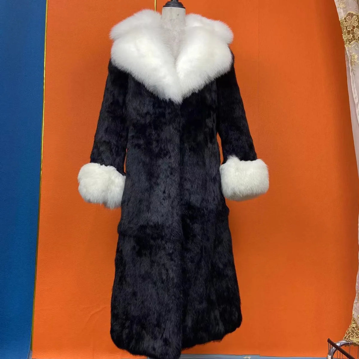 FURTJY – Manteau Femme Fourrure Naturelle de Lapin & Renard, Col Revers, Style Streetwear Chaud Hiver 2025