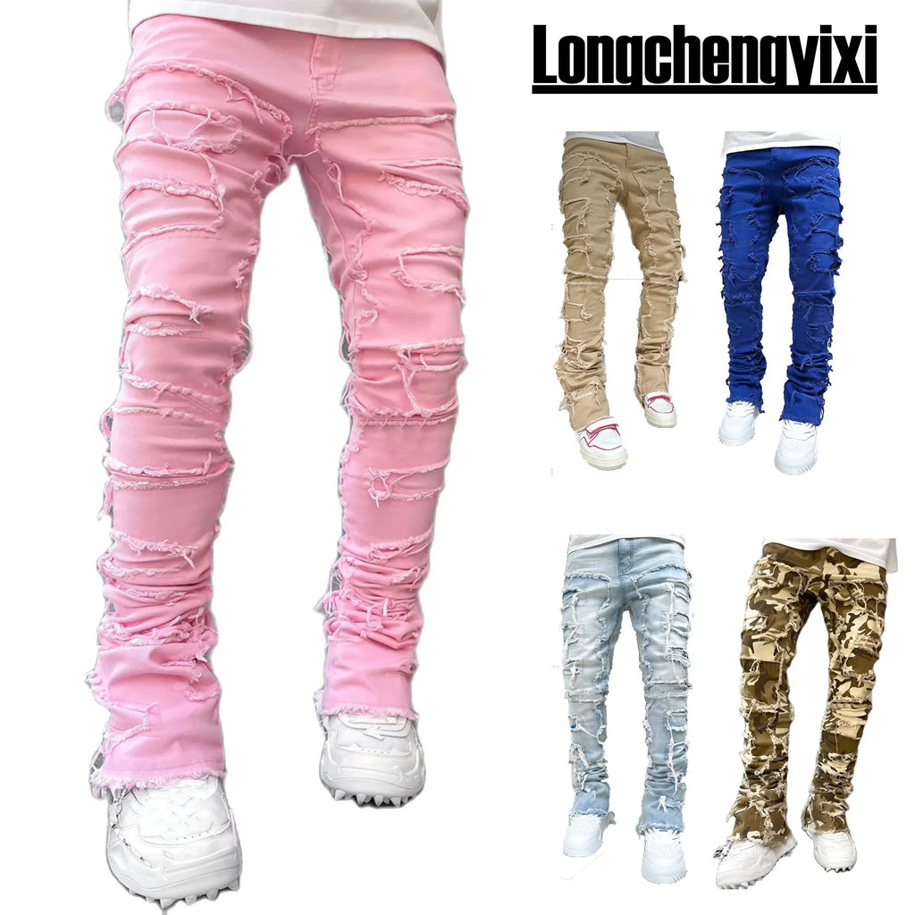 Men's Slim Stacked Ripped Distressed Hip-Hop Streetwear Jeans 9 Colors S-XXL