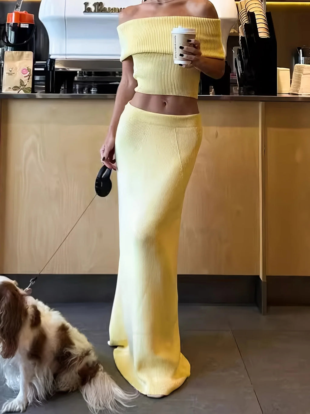 2026 Frühjahr Sommer Schulterfreies geripptes Strick-2-Teiler-Set, Crop Top + High Waist Maxi Bodycon Meerjungfrauenrock