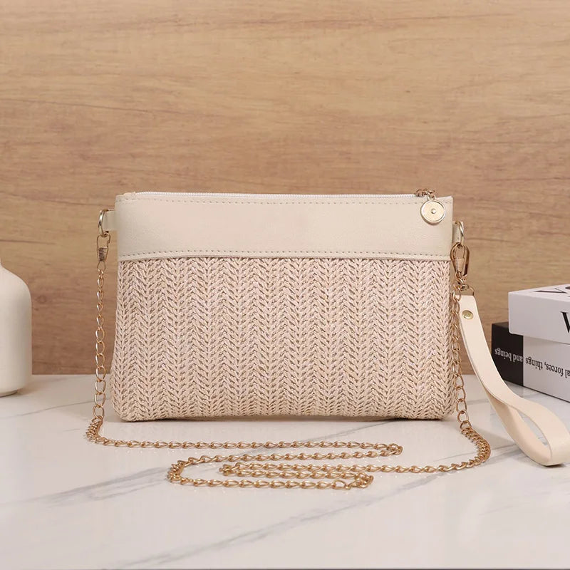 Chain Strap Women's Crossbody Bags For Travel/Vacation, Summer Straw Shoulder Bag With Wrist Strap, Ladies Handbags And Purses