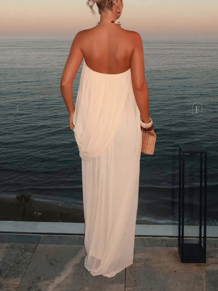 CHNMR Robe Maxi Plissée Sans Bretelles Femme – Dos Nu, Fluide, Plage & Soirée | Été 2026