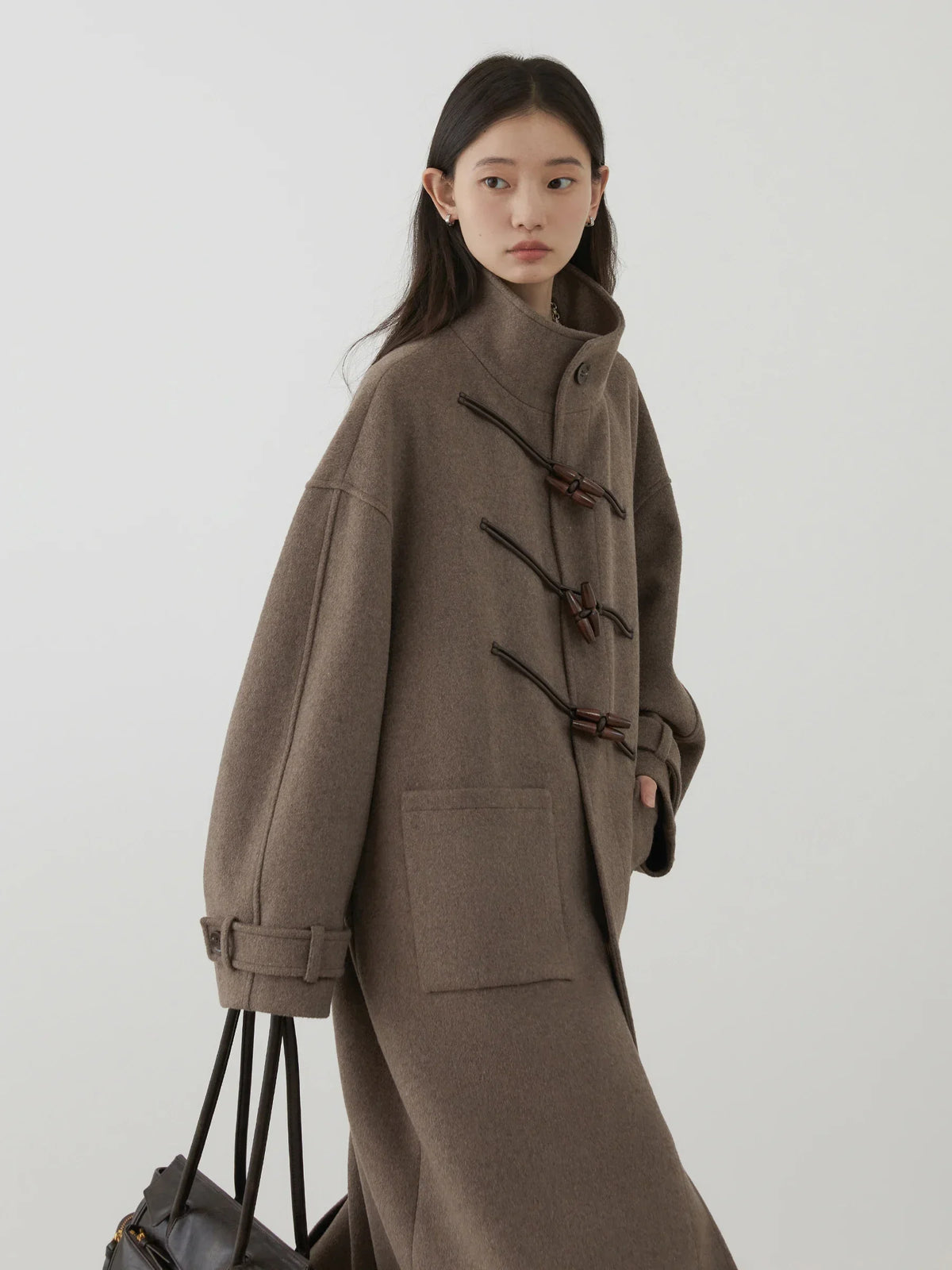 Manteau Long en Laine Femme CHIC VEN – Col Montant, Boutons Corne de Vache, Coupe Ample