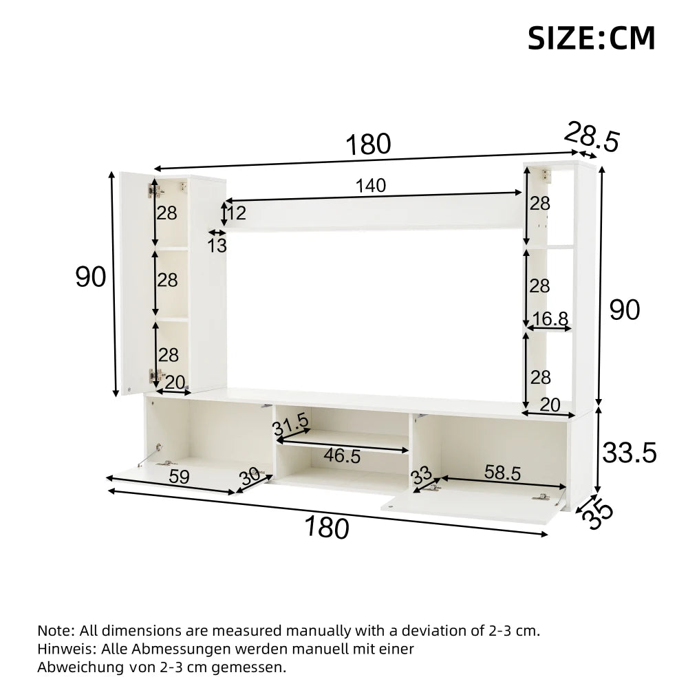 Ensemble Mural TV 4 Pièces 180x35x33,5 cm – Meuble TV + 2 Vitrines + Étagère | Blanc | Salon