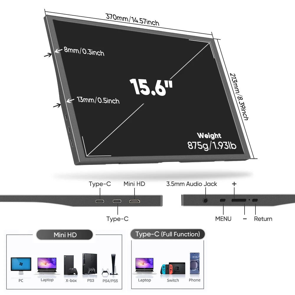Écran Portable AHXJKA 15,6" IPS FHD – HDR10 | AMD FreeSync | 60Hz | USB-C & HDMI | Haut-Parleurs | Noir