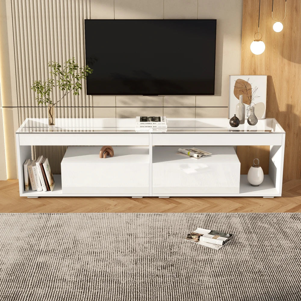Meuble TV LED Haute Brillance 180x40x46 cm – Verre Trempé | 2 Tiroirs | TV 70" | Blanc ou Noir