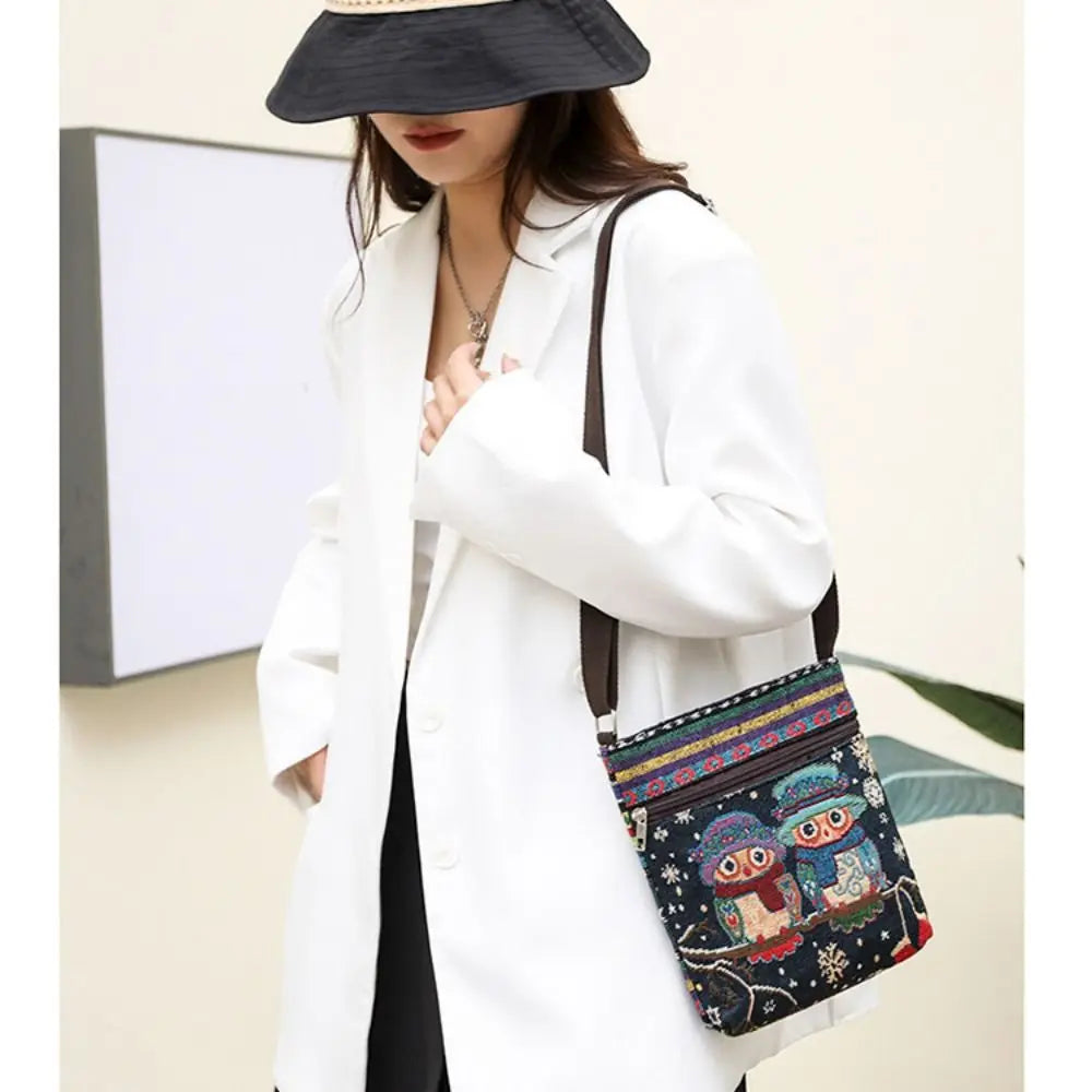 Women Square Small Canvas Embroidered Phone Shoulder Bag Retro Ethnic Style Travel Outdoor Messenger Crossbody Bag Handbags ﻿