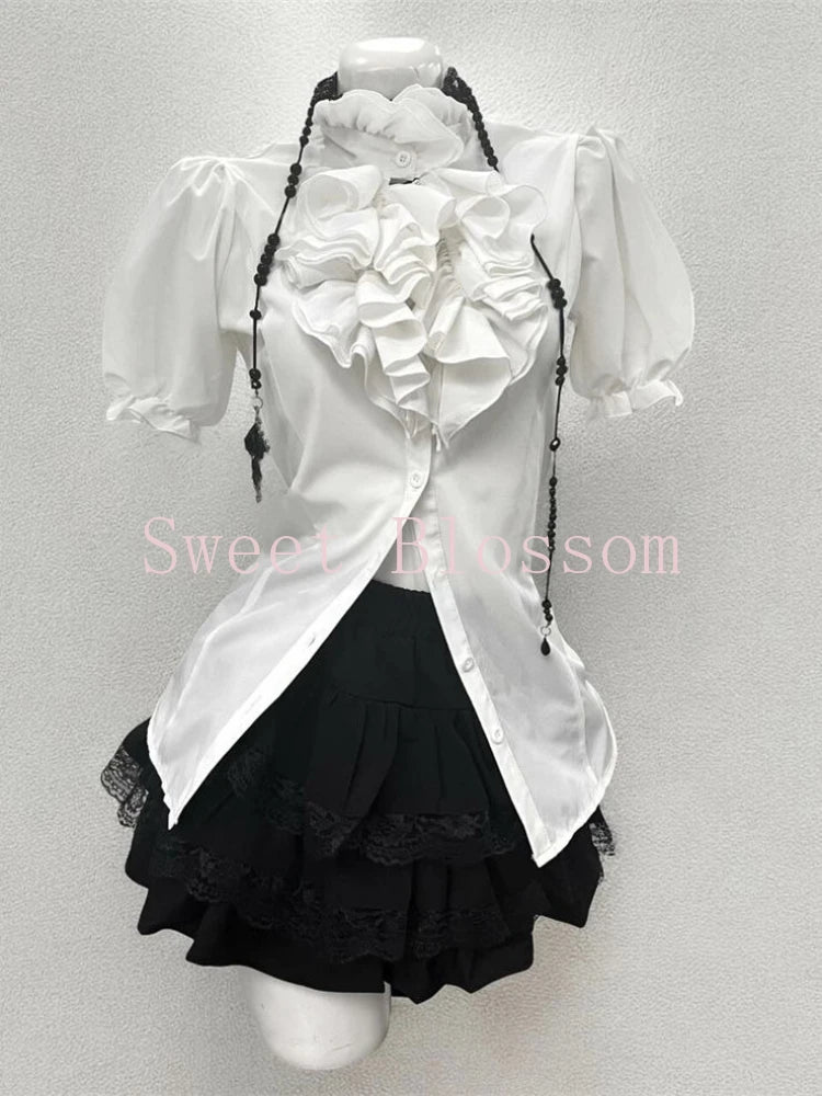 Ensemble 3 Pièces Harajuku Rétro Chic – Chemise à Manches Bouffantes, Gilet & Mini Jupe Femme