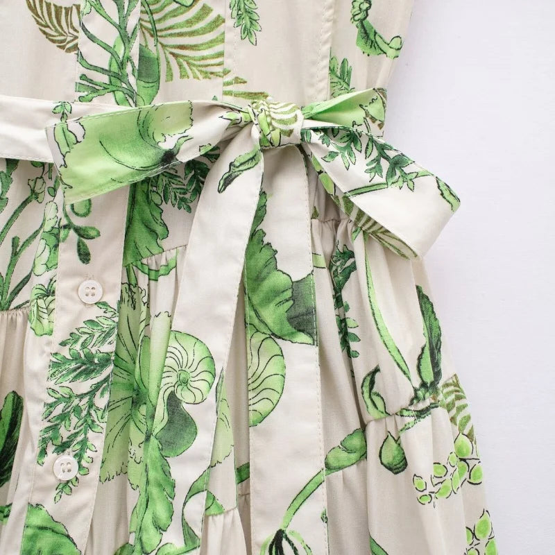 Robe Florale Verte Femme – Manches Courtes & Ceinture Nouée | Style Casual Été 2026