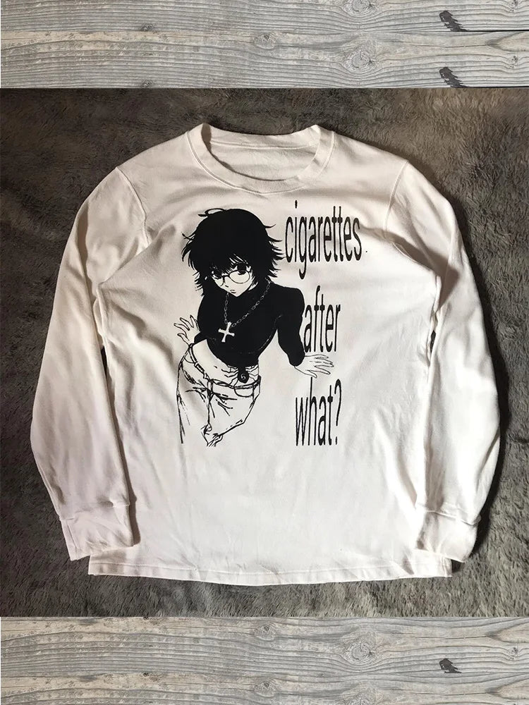 Women Retro Cute Harajuku Slim fit Tops Lady White Casual T-Shirts Girls Letter Anime Print Long Sleeve Clothes