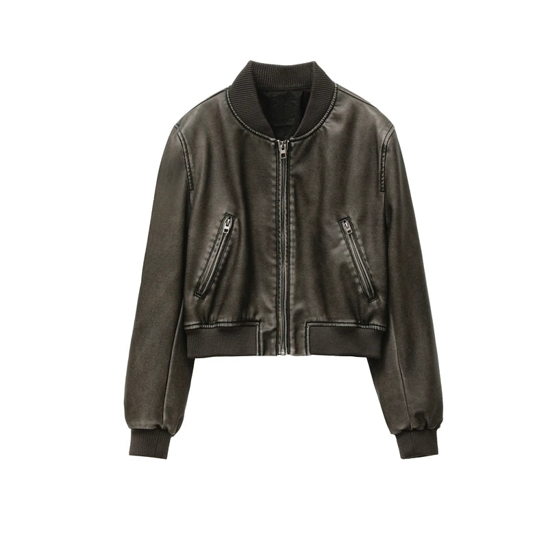 Veste Bomber Femme Simili Cuir Vintage – Fermeture Éclair | Poches | Streetwear | Toutes Saisons | XS-XXL