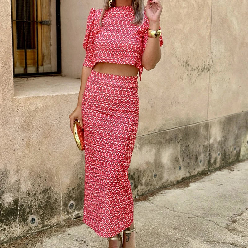 Ensemble 2 Pièces Femme – Top Manches Bouffantes & Robe Fendue, Imprimé Géométrique, Style Chic Été