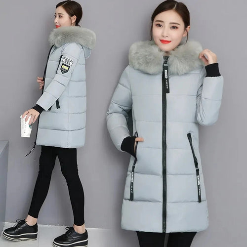 2026 Winter New Korean Cotton Jacket Women's Medium Long Big fur collar Coat Female Cotton Thicken Warm Hooded Parker Overcoat