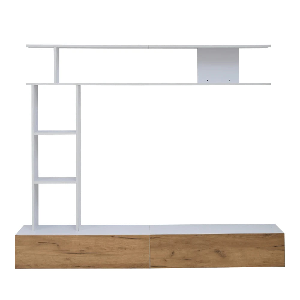 Ensemble Mural TV 3 Pièces 180x35x22,5 cm – Meuble TV + Étagère Verticale + Étagère Horizontale | Blanc & Chêne