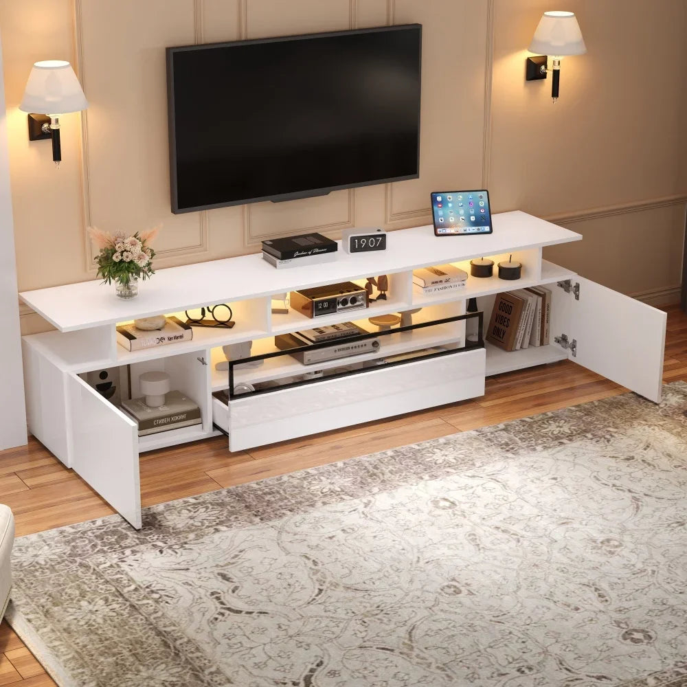 Meuble TV Haute Brillance 180x38x45 cm – LED App | 2 Armoires + 1 Tiroir | Acrylique | TV 75"