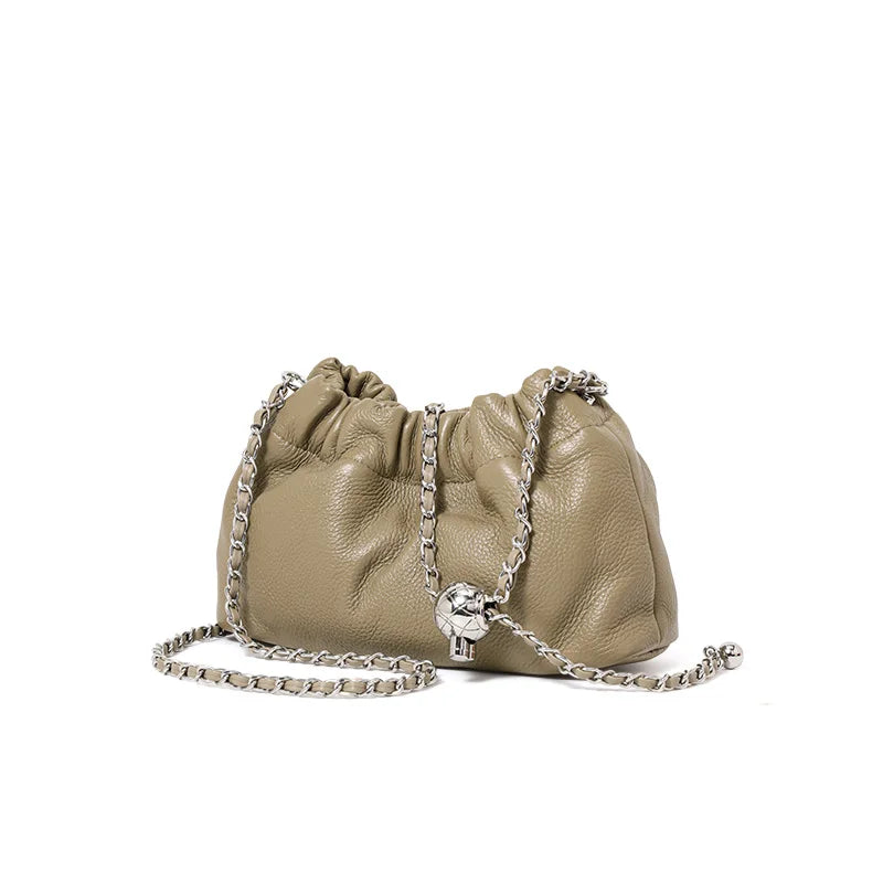 Lightweight Litchi Texture Genuine Cow Leather Cloud Bag Women Drawstring Ruched Design Metal Chain Crossbody Mini Purse