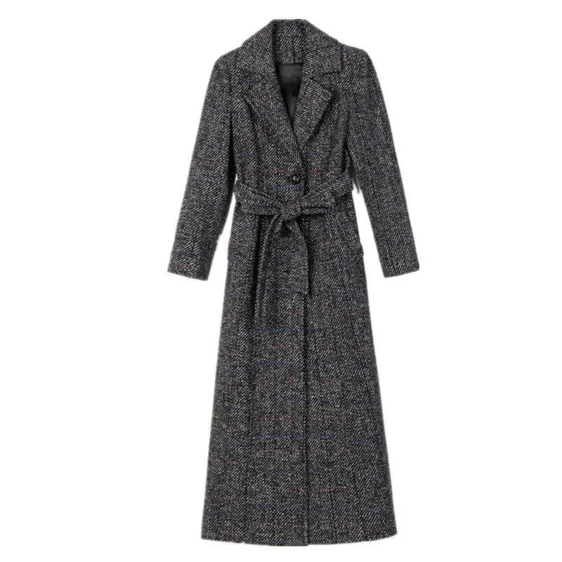 Manteau Long Femme Style Coréen – Laine Épaisse, Coupe Slim, Carreaux, Longueur Genou