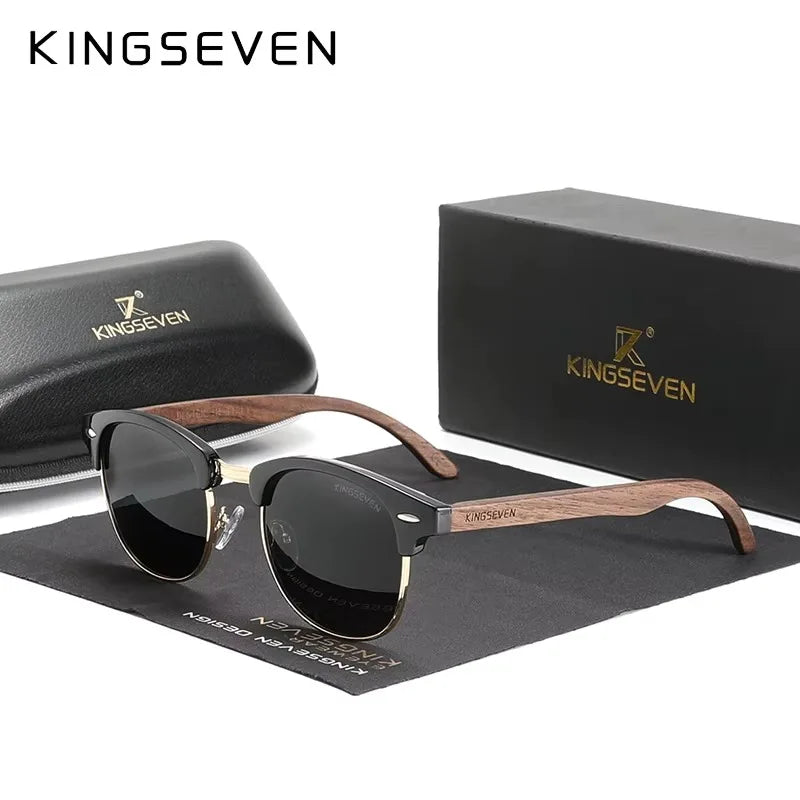 Lunettes de Soleil KINGSEVEN Bois Noyer Rondes Polarisées UV400 – Homme & Femme