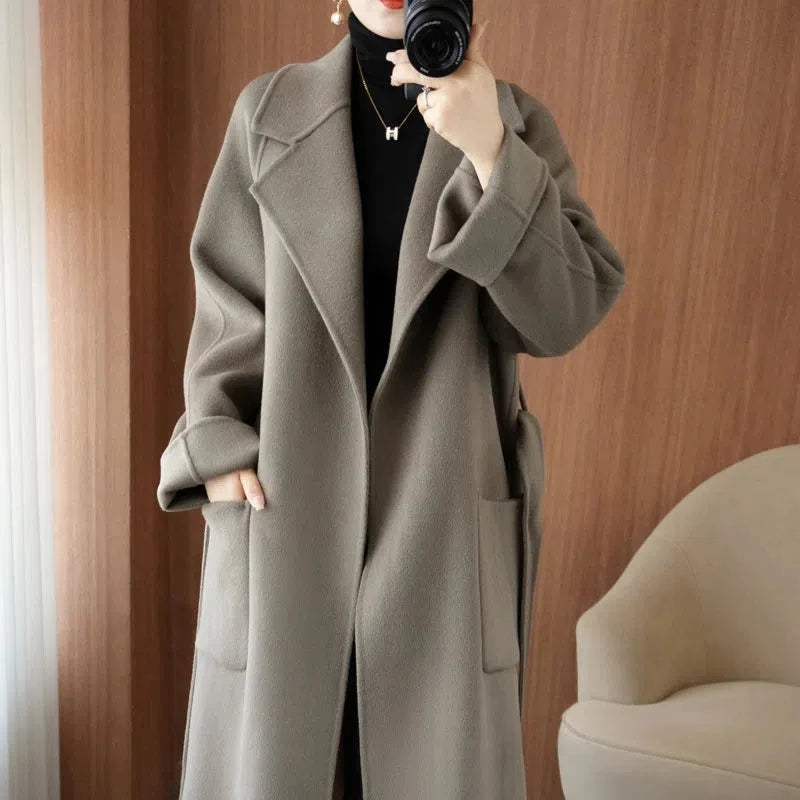 LANMREM Popular 2025 High End Water Ripple Double-sided Wool Coat Women Long Bathrobe Style Autumn Winter Coat For Female 2A462