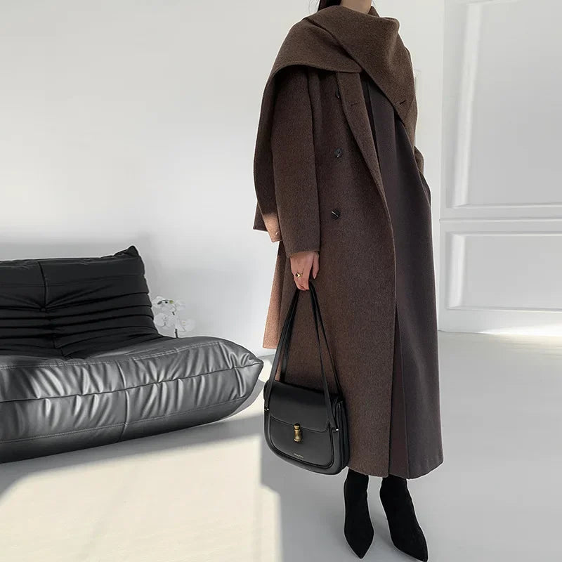 Manteau en Laine Cachemire Cousu Main – Col Écharpe, Coupe Ample, Mi-Long