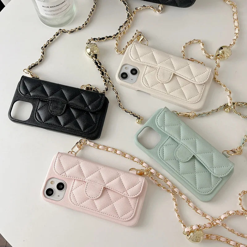 Coque iPhone Cuir PU Texture Litchi – Portefeuille, Bandoulière & Porte-Carte