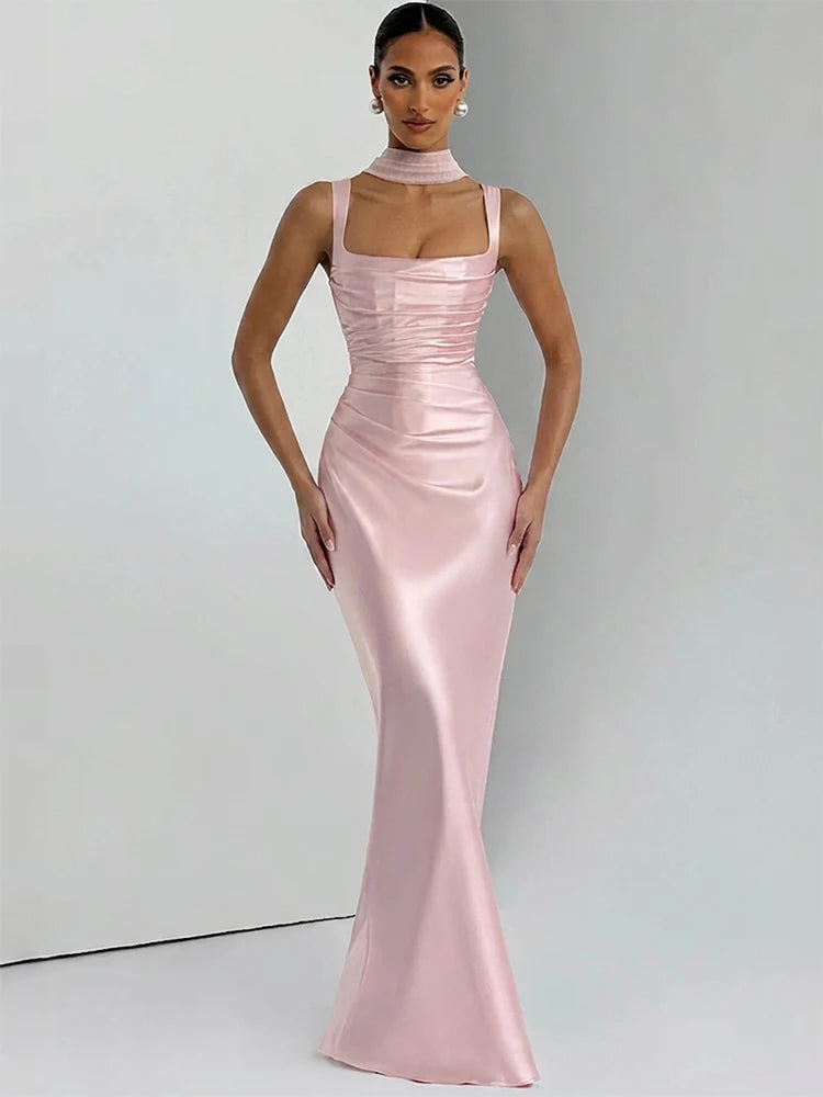 Robe Longue Dos Nu en Satin – Coupe Slim Sirène, Sans Manches, Soirée & Mariage