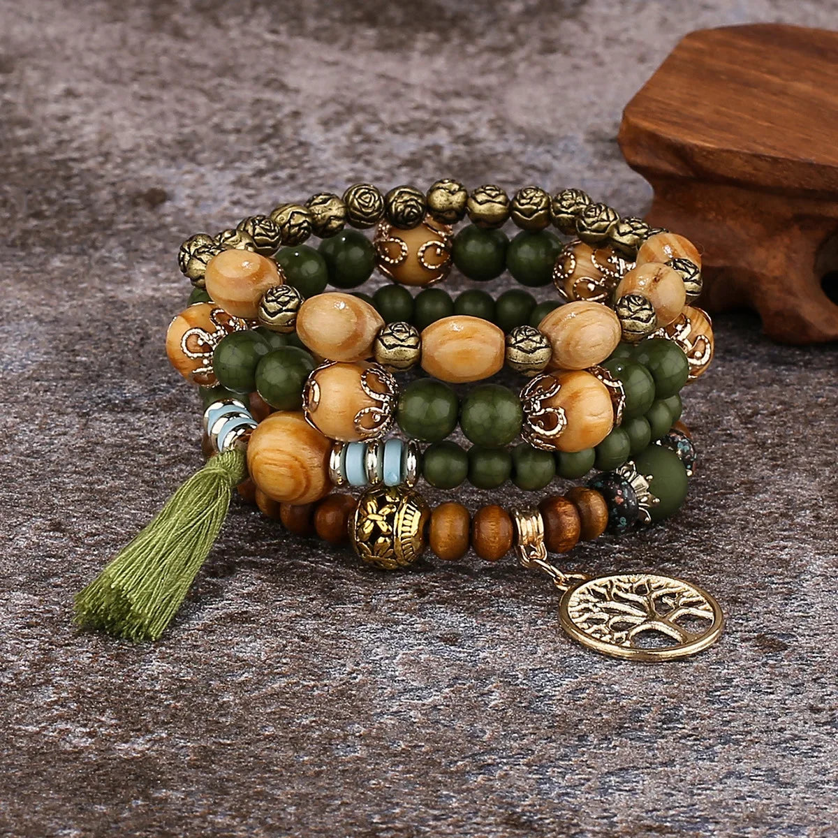 Set Bracelets Femme Bohème Arbre de Vie – Perles Bois & Glands