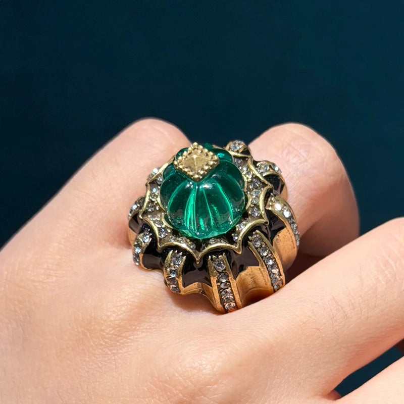 Bague Vintage Résine Verte Citrouille – Bijou Cocktail Doré pour Femme
