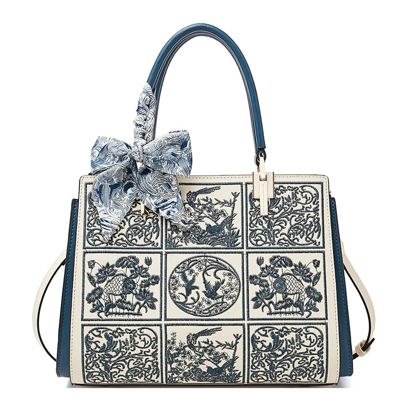 FOXER Split Leather 2026 New Large Tote Handbag Women's Shoulder Bag Chinese Classic Embroidery Best Gift for Mom