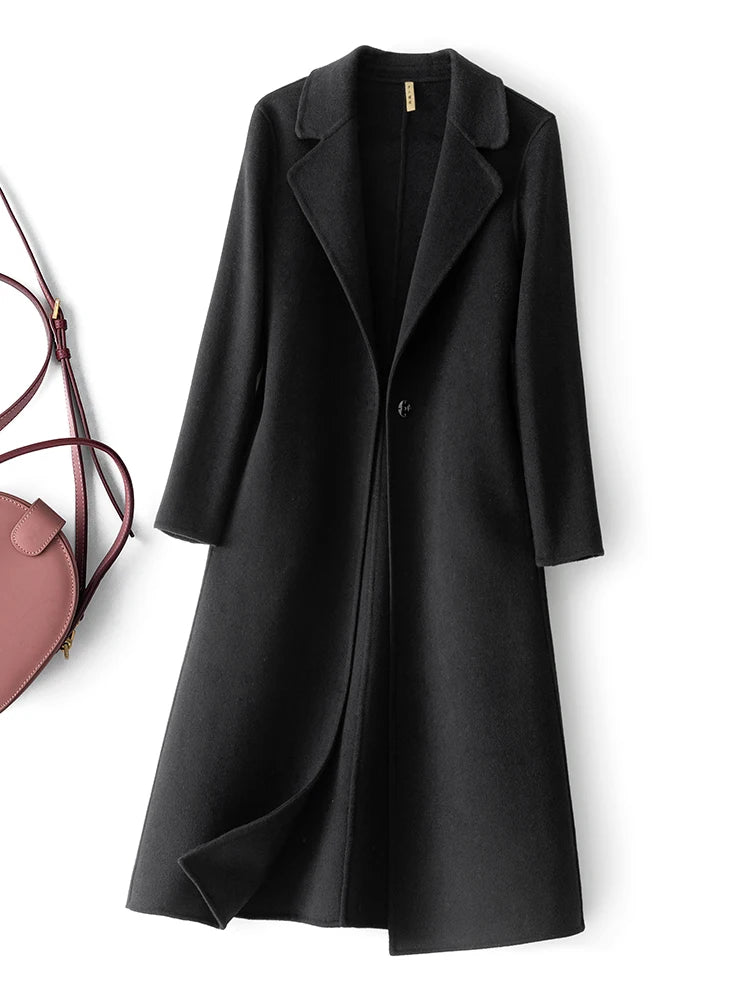 Fashionable Simple Women's Coat Autumn and Winter New One Button 100% Pure Wool Reversible Woolen Coat Long Wild Women's Top