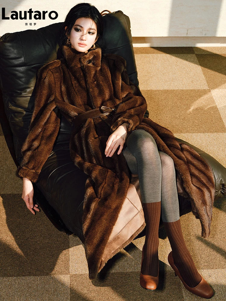 Manteau Long en Fausse Fourrure de Vison Femme – Marron, Chaud et Luxueux Hiver
