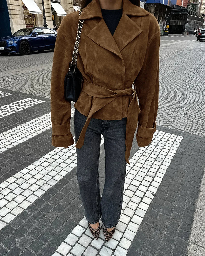 Veste Bomber Femme HKOX Suède Vintage – Ceinture | Double Boutonnage | Col Rabattu | Oversize | Marron | S-L