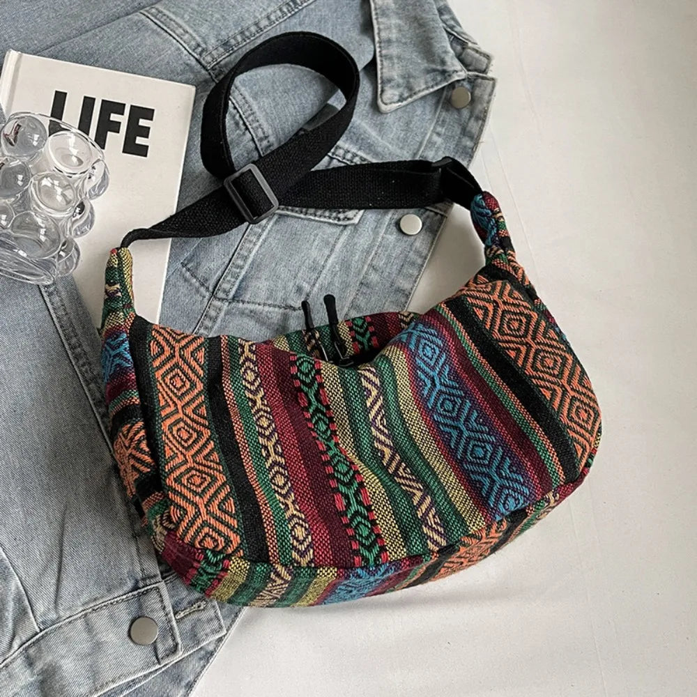 Fashion Tribal Style Shoulder Bag Striped Pattern Large Capacity Crossbody Bag Canvas Zipper Closure Messenger bag Ladies