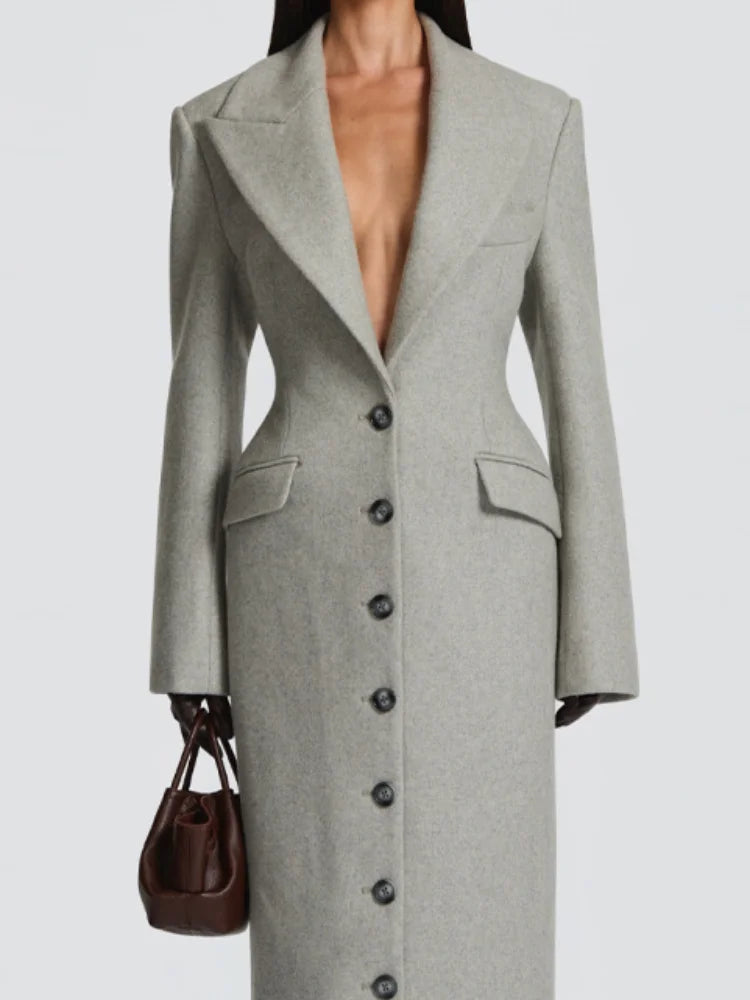 Manteau Long Femme Col V Ceinturé – Épaulettes & Boutonnage Simple | Hiver 2025