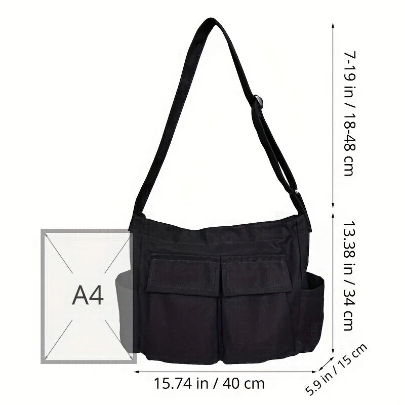 Sac Bandoulière Toile Grande Capacité – Style Rétro Preppy, Mixte, Sac Messenger Étudiant