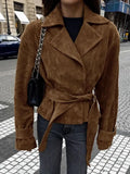 Veste Bomber Femme HKOX Suède Vintage – Ceinture | Double Boutonnage | Col Rabattu | Oversize | Marron | S-L
