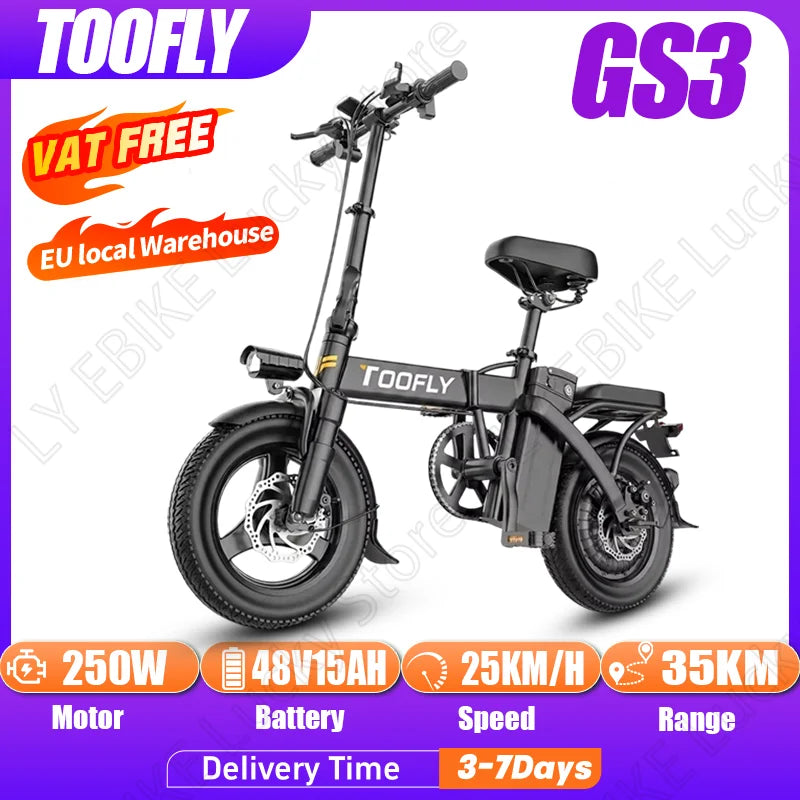 TOOFLY GS3 Folding Electric Bicycle 250W 48V15AH Adult Travel City Commuter Electric Bike 14*2.125 Inch Tire Mini E-bike
