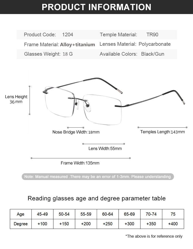 Ultra Light Tr90 Rimless Progressive Multifocal Reading Glasses Men Titanium Frame Anti Blue Light Presbyopic Eyeglasses 1.5