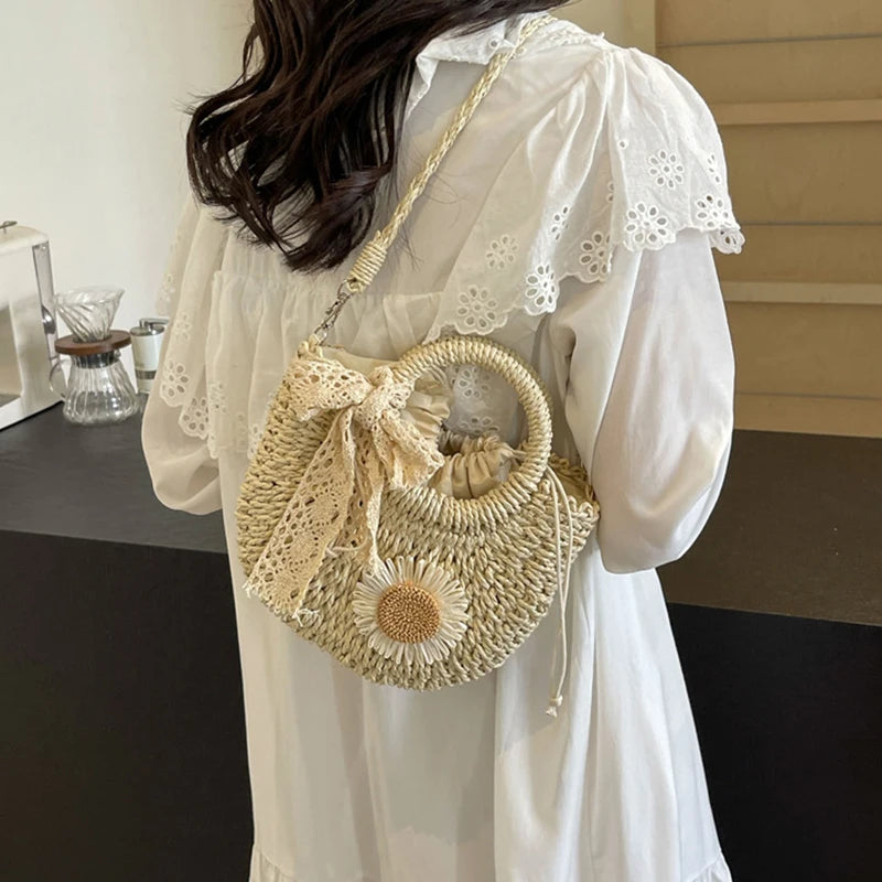 Sac de Plage Femme Yogodlns – Paille Rotin Tressé Main Demi-Lune, Nœud & Ruban, Style Bohème, 2 Coloris