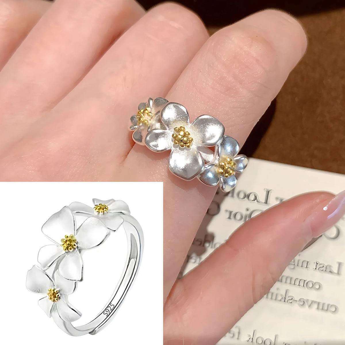 Bague Lotus en Argent Sterling 925 Femme – Texture Rétro & Ajustable | Cadeau Bijou