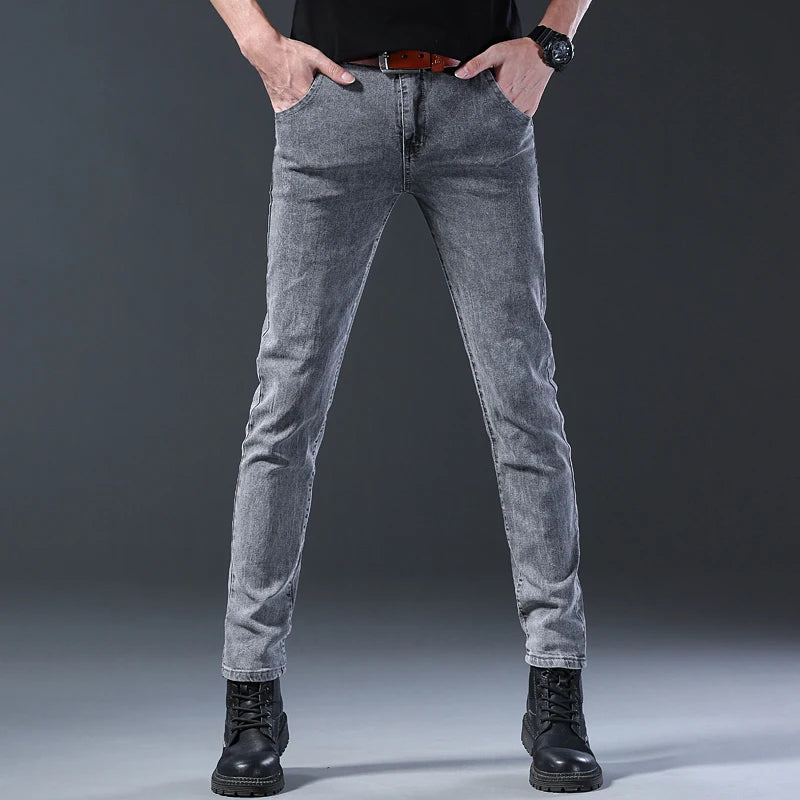 Jean Slim Homme Gris Style Coréen Haute Élasticité | Tailles 28-36 Toutes Saisons