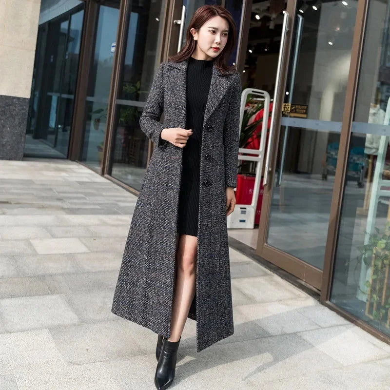 Manteau Long Femme Style Coréen – Laine Épaisse, Coupe Slim, Carreaux, Longueur Genou