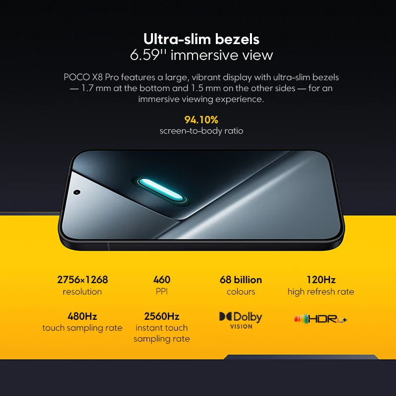 POCO X8 Pro 5G Version Globale – Écran AMOLED 6,59" 120Hz, 6500mAh, Charge 100W