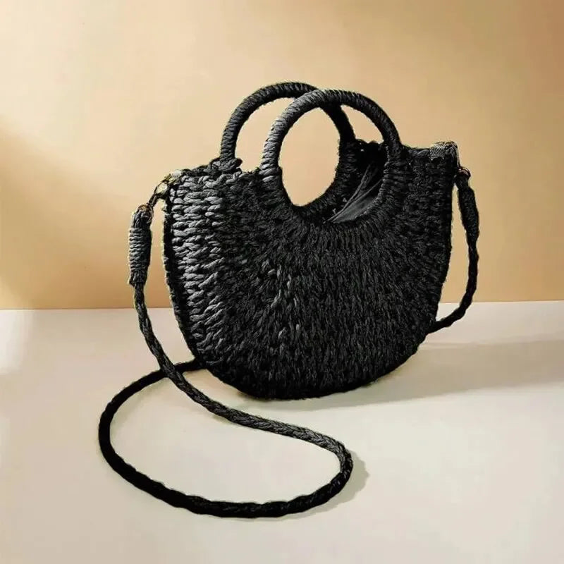Sac de Plage en Paille Tressée Demi-Lune – Grande Capacité, Bandoulière & Épaule