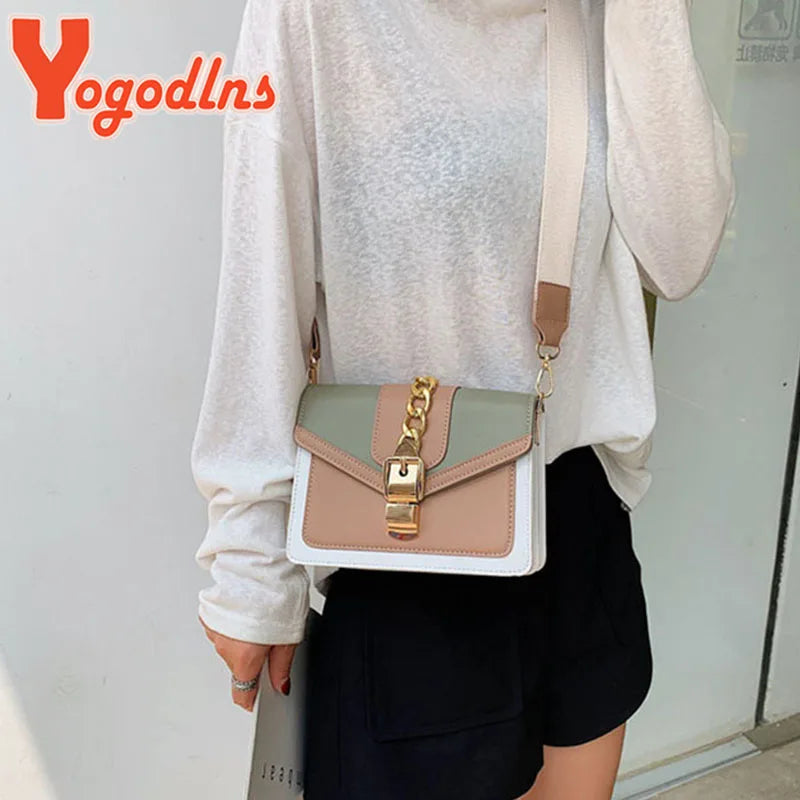 Sac Bandoulière Femme Yogodlns – Cuir PU Bicolore, Chaîne Dorée, Style Mode Été