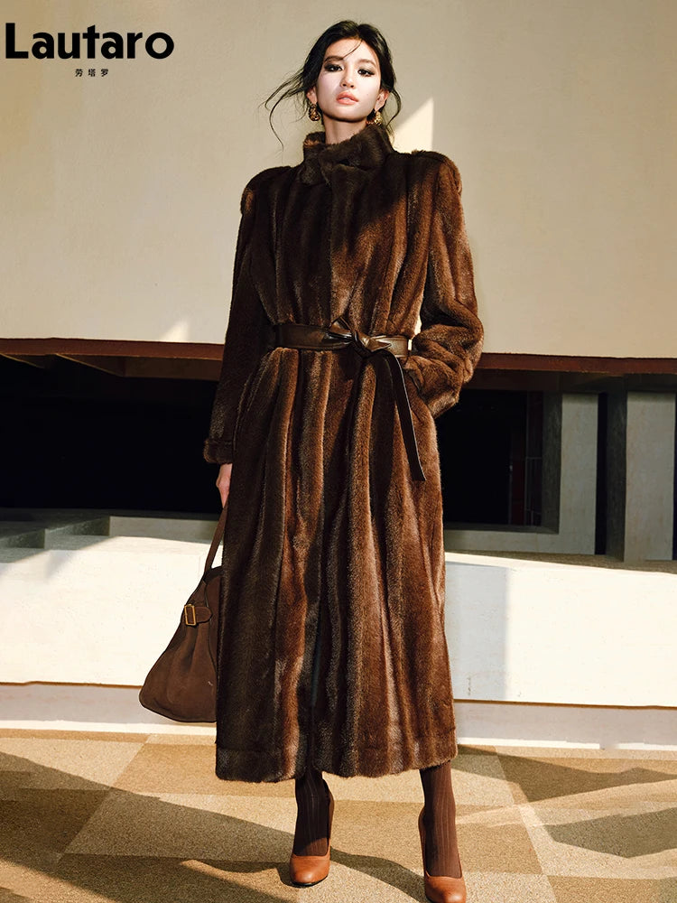 Manteau Long en Fausse Fourrure de Vison Femme – Marron, Chaud et Luxueux Hiver