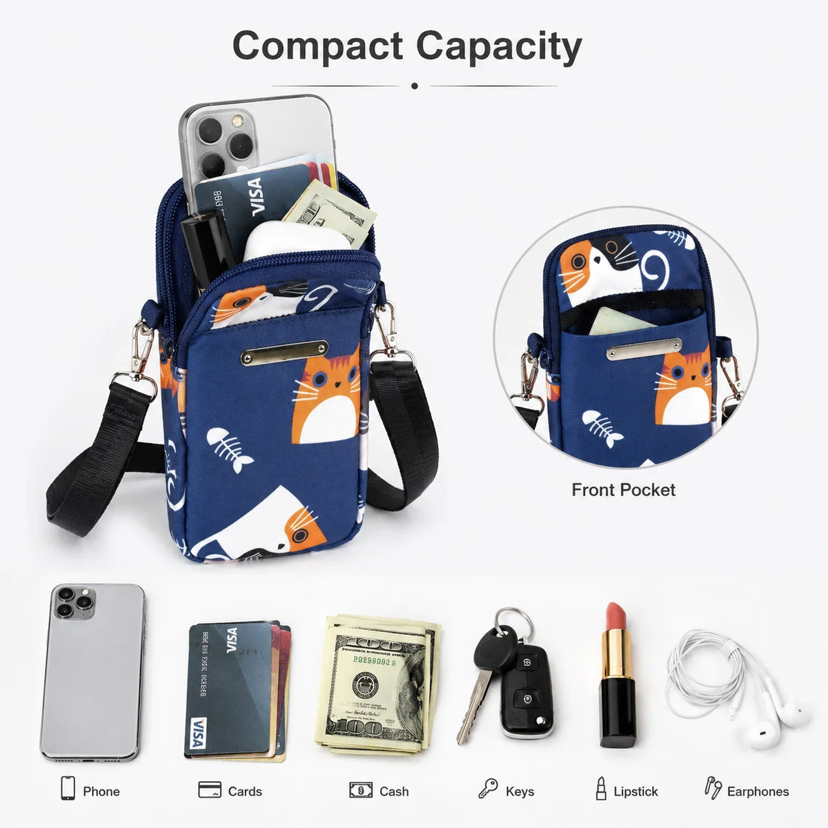Mini Sac Bandoulière Téléphone Femme – Imprimé Chat & Motifs