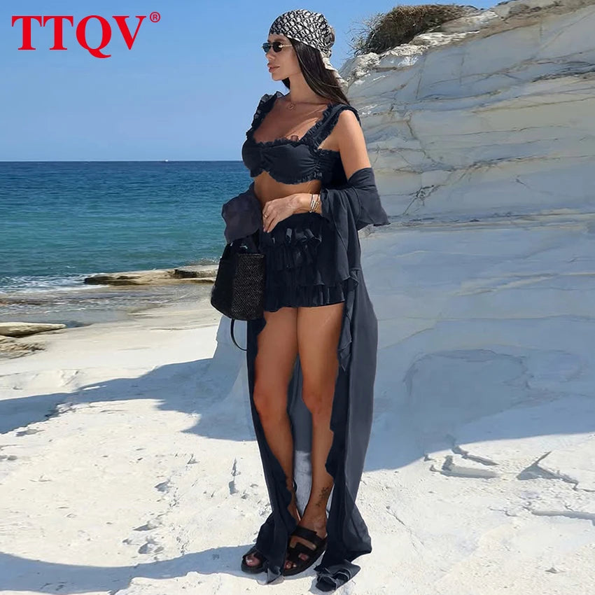TTQV  Sexy Loose White Women's 3 Pieces Set 2025 Fashion Long Sleeve Robes + Bra With High Waist Pleated Mini Skirt Set Female