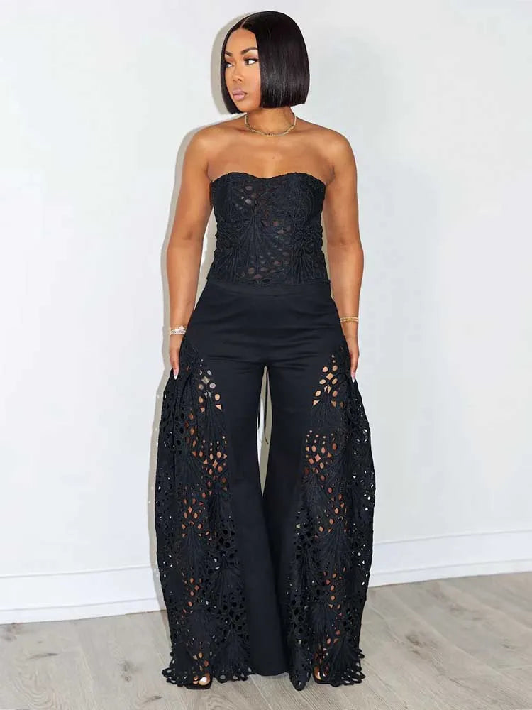 Ensemble Deux Pièces Femme – Top Bustier Dentelle Col V & Pantalon Large Été