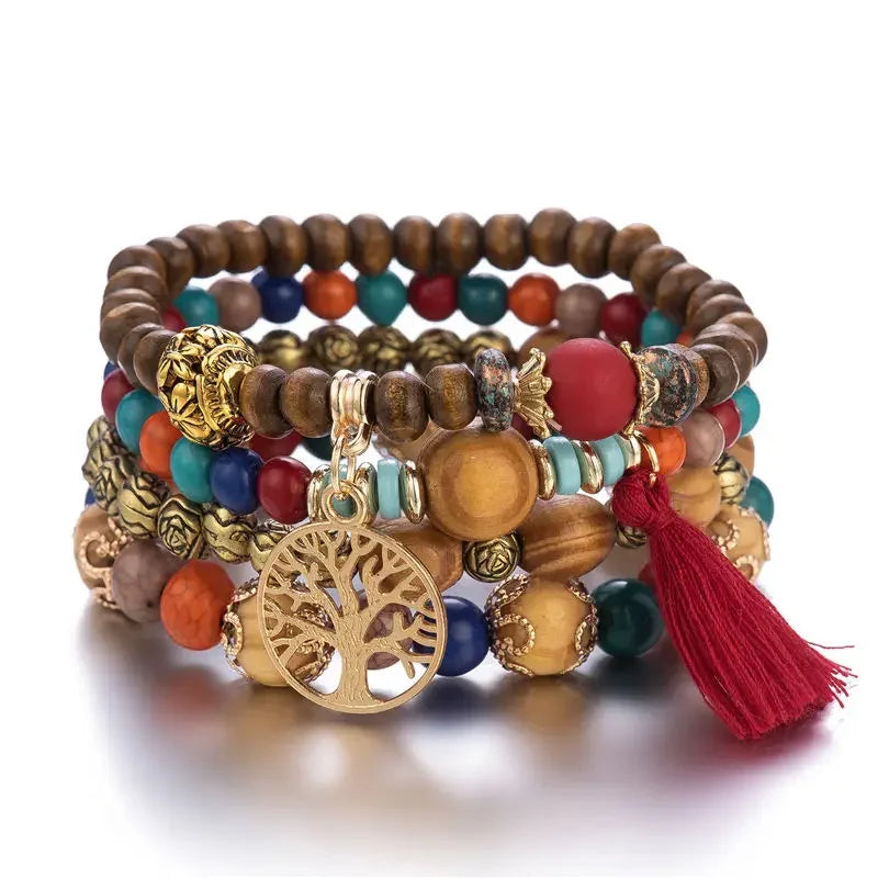 Set Bracelets Femme Bohème Arbre de Vie – Perles Bois & Glands